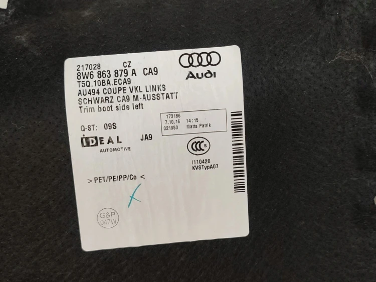 BOCZEK BAGAŻNIKA LEWY AUDI A5 F5 (2016-2019) 2.0 TDI 190KM 8W6863879A