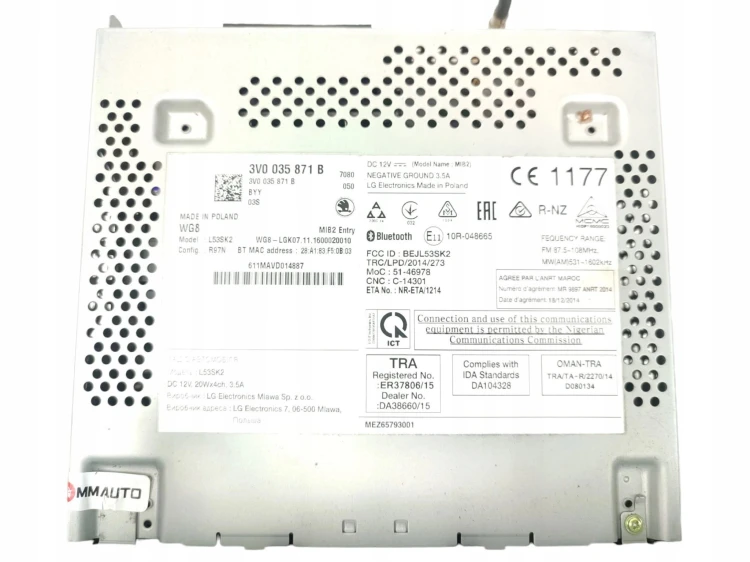 RADIO SKODA SUPERB III (2015-2019) 1.6 TDI 120KM 3V0035871B