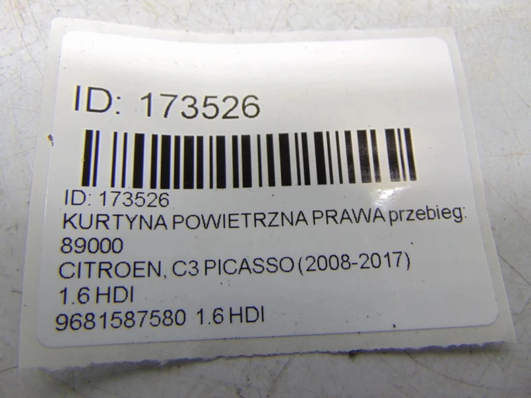 KURTYNA POWIETRZNA PRAWA CITROEN C3 PICASSO (2008-2017) 1.6 HDI 9681587580
