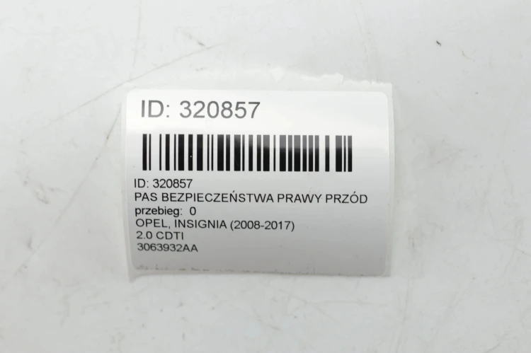PAS BEZPIECZEŃSTWA PRAWY PRZÓD OPEL INSIGNIA (2008-2017) 3063932AA